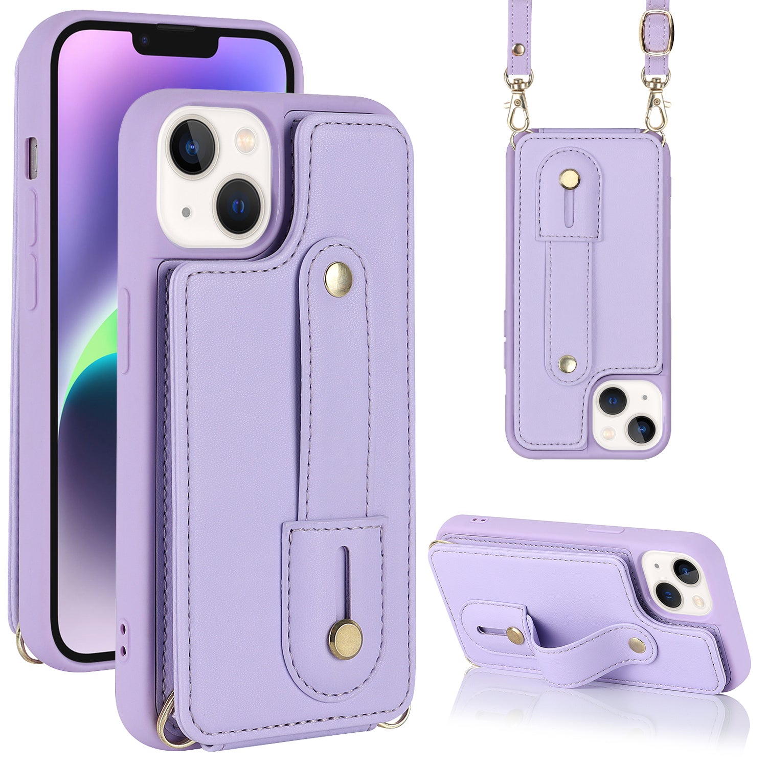 For iPhone 14/13 6.1 inch Wristband Kickstand Back Cover Card Holder PU Leather Coated TPU Phone Case For iPhone 14/13 6.1 inch Wristband Kickstand Back Cover Card Holder PU Leather Coated TPU Phone Case